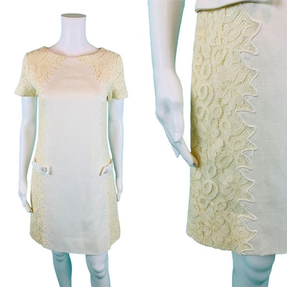 Vintage 1960s Cocktail Dress Women's Small Cream Lace Inset Mini Mod Shift Henry